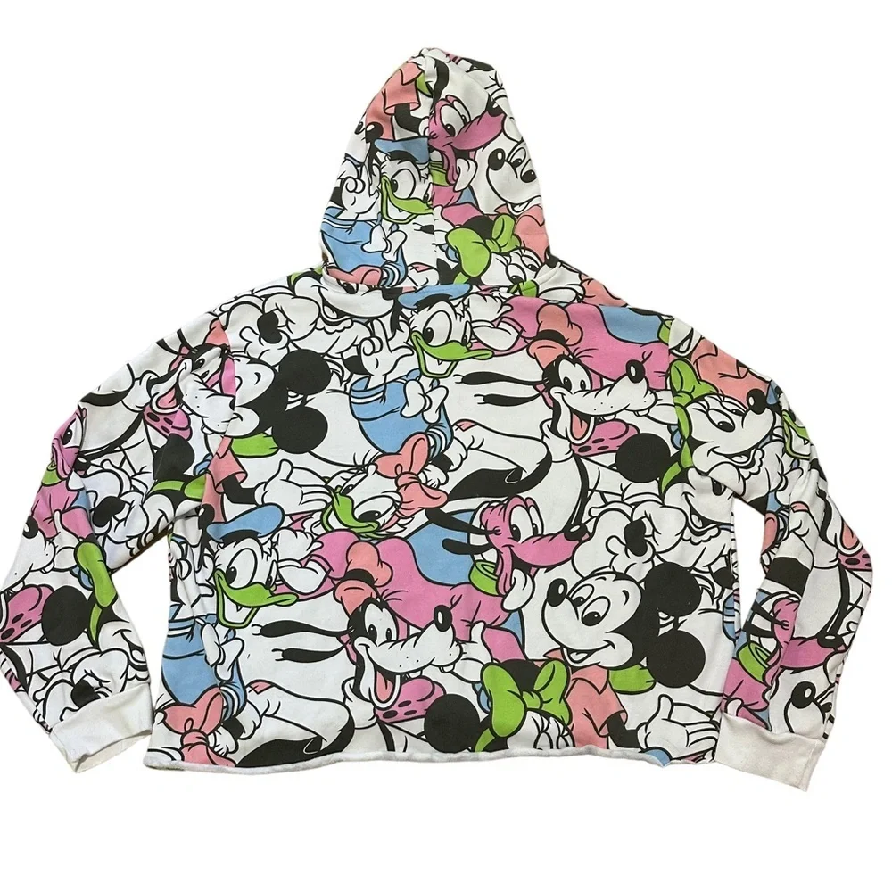 Disney Mickey Mouse Hoodie Sweater Cropped AOP Minnie Goofy Pluto Women’s Sz 2X - Picture 3 of 8